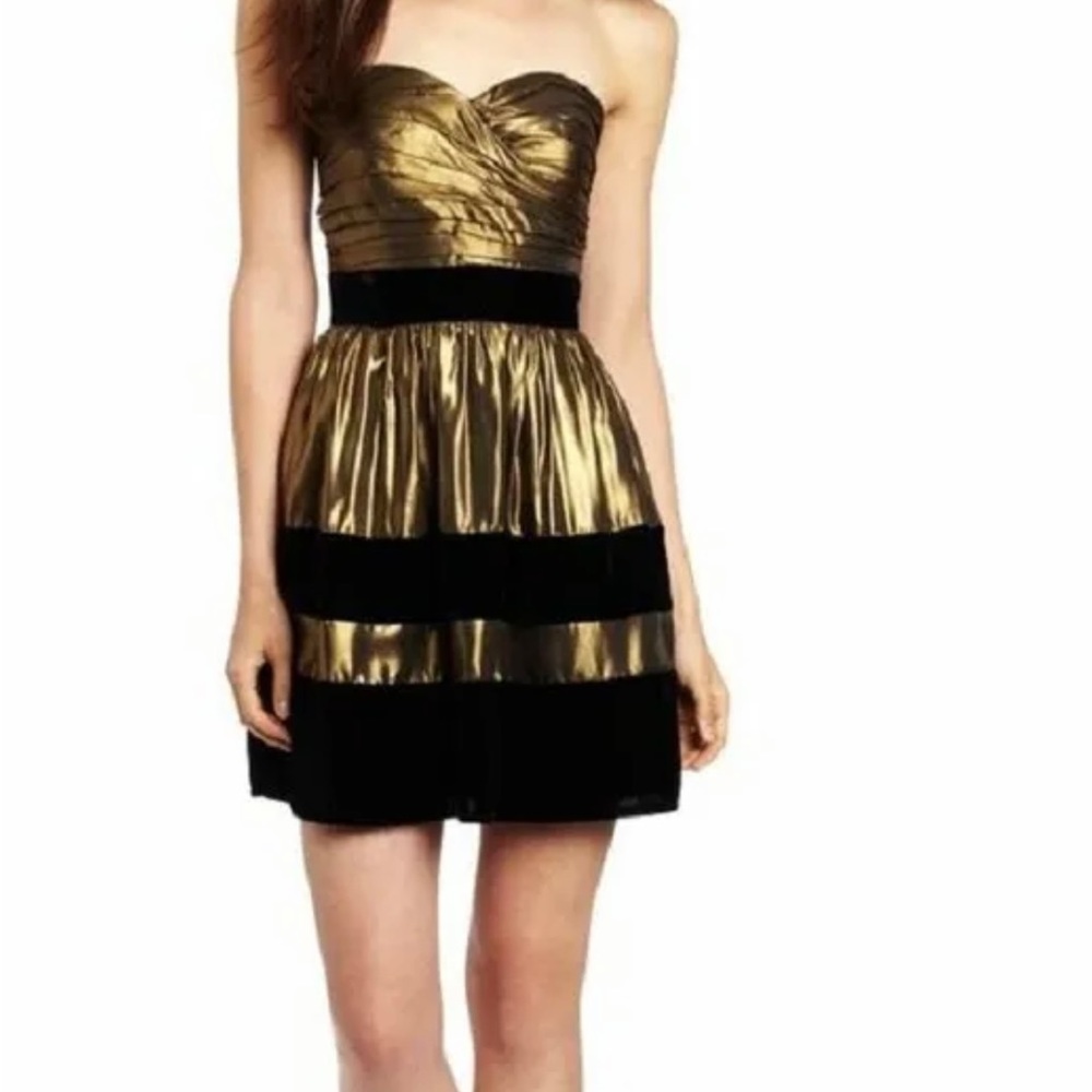 MISS SIXTY M60 Gold Shimmer Black Velvet Strapless Gun Metal Party Dress Size 10